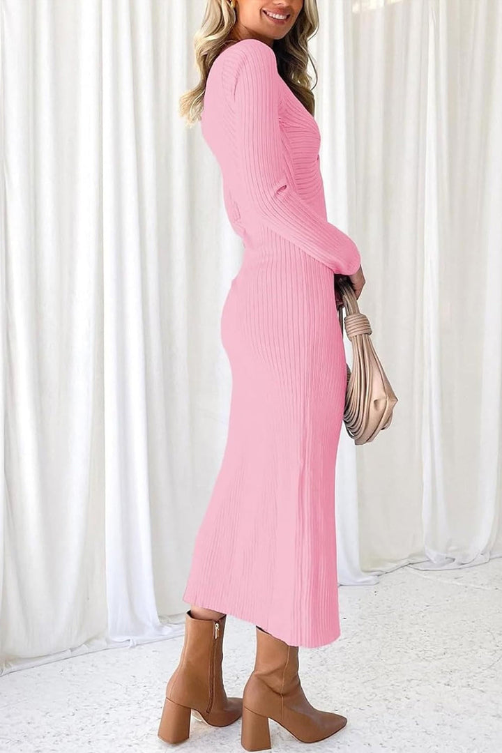 Twisted Long Sleeve Ribbed Knit Dress Pink · M