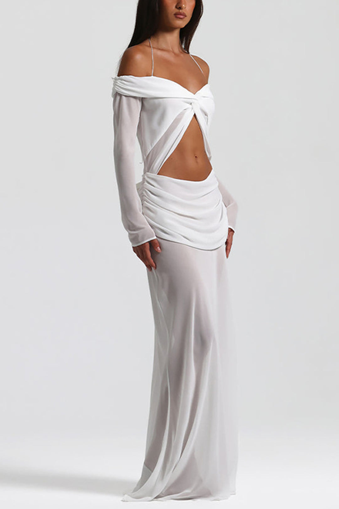 Twisted Off-shoulder Cutout Chiffon Maxi Dress Pink · L