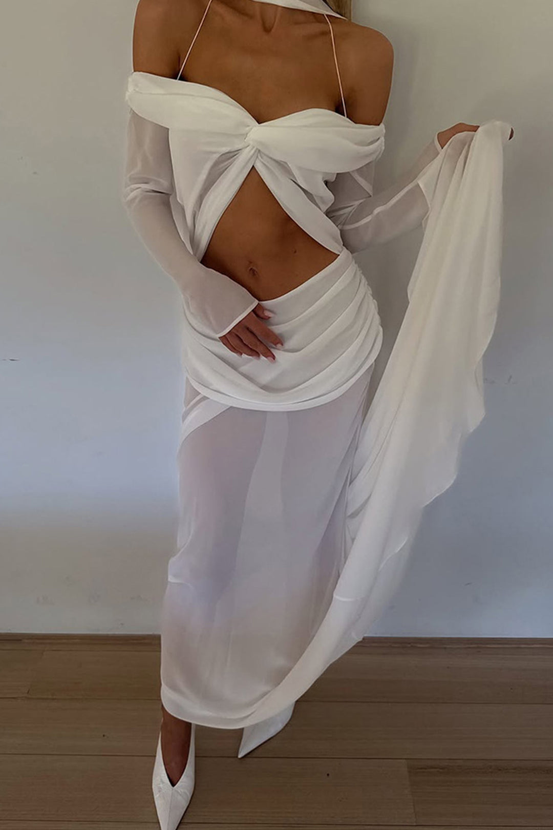 Twisted Off-shoulder Cutout Chiffon Maxi Dress