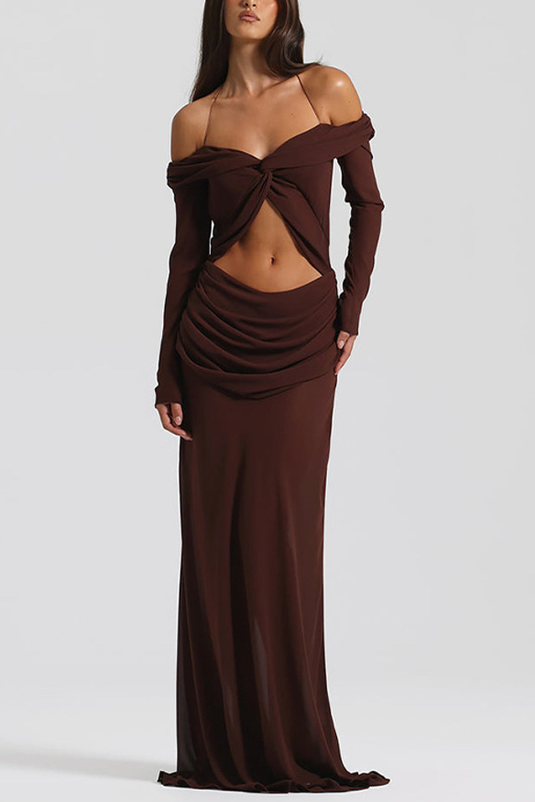 Twisted Off-shoulder Cutout Chiffon Maxi Dress