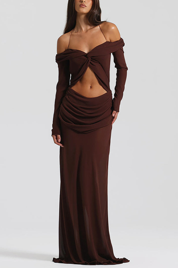Twisted Off-shoulder Cutout Chiffon Maxi Dress