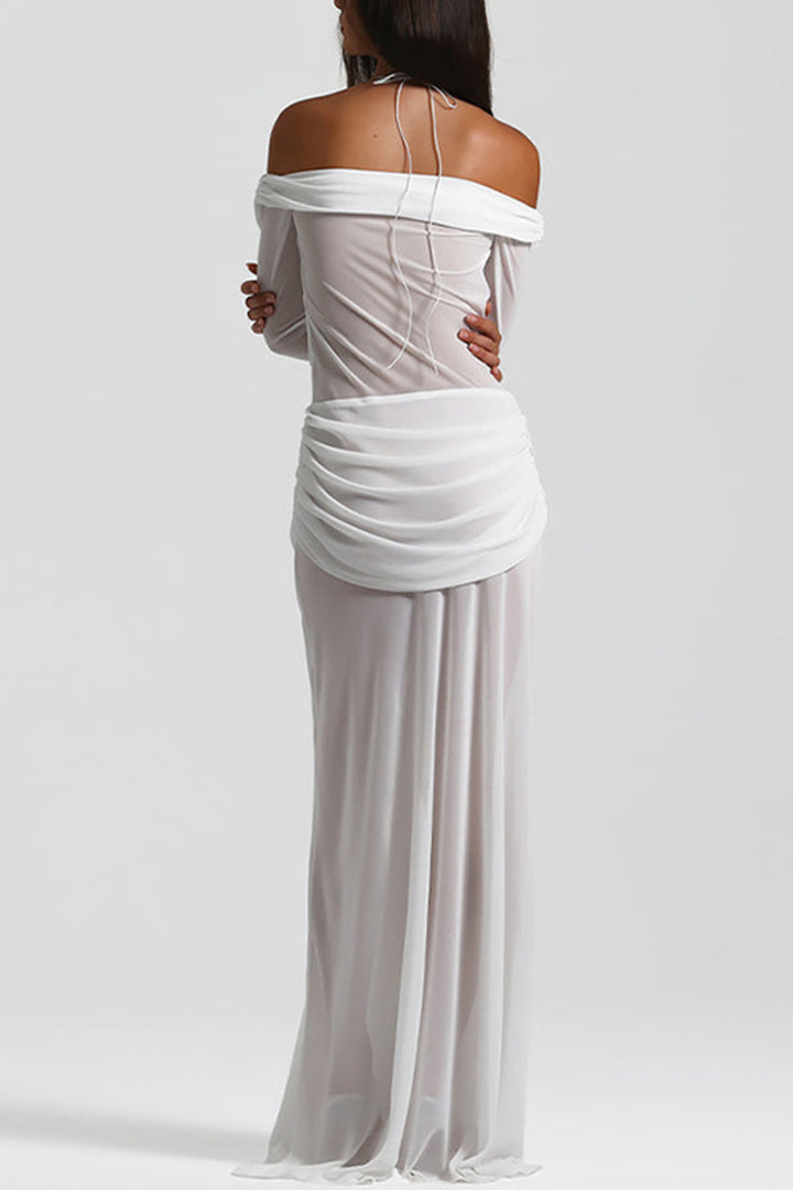 Twisted Off-shoulder Cutout Chiffon Maxi Dress White · M
