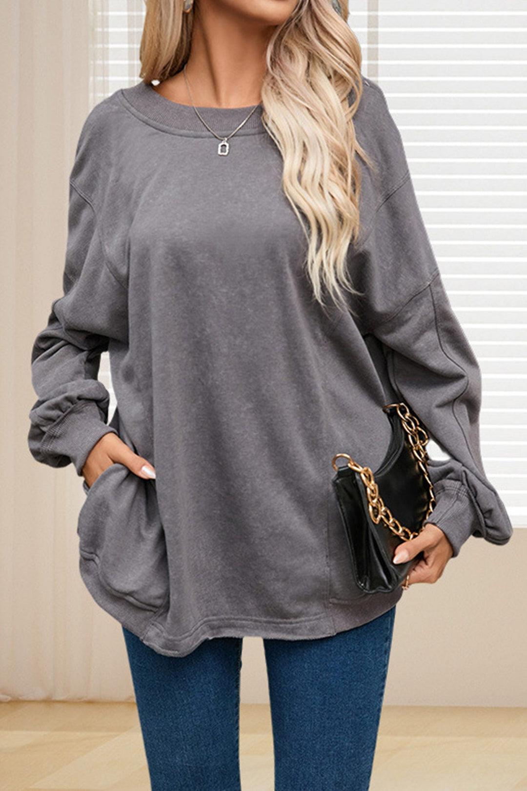 Twisted-back Pocketed Ribbed Tops Grey · M