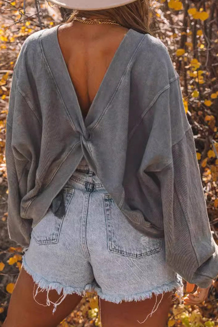 Twisted-back Pocketed Ribbed Tops Grey · S