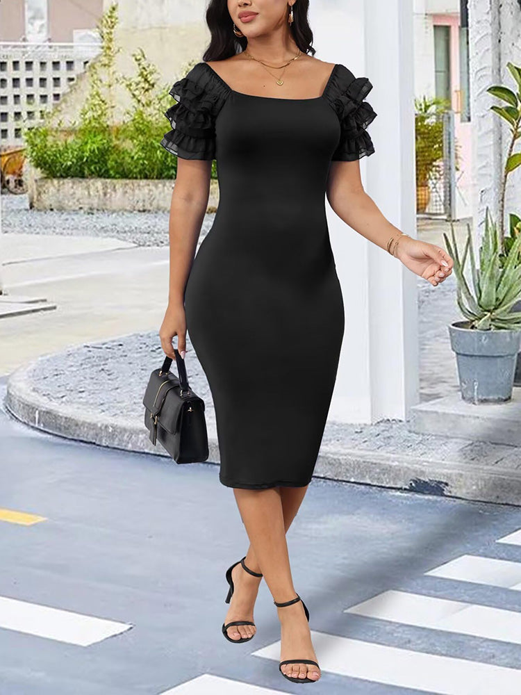 Ruffle Sleeve Elegant Bodycon Dress Black / S
