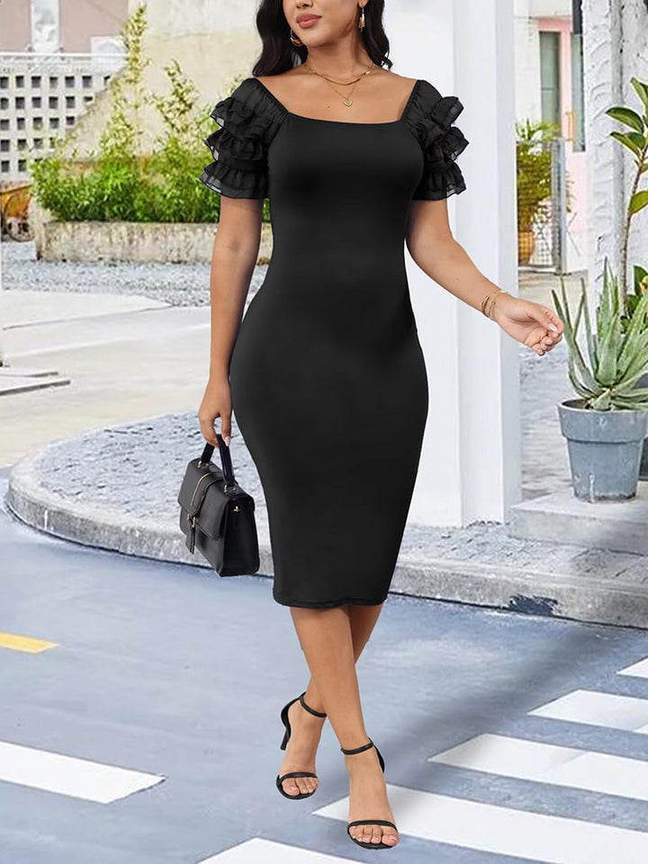 Ruffle Sleeve Elegant Bodycon Dress Black / S