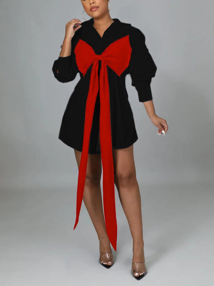 Patchwork Lace Up Shirt Dress Black Red / XL