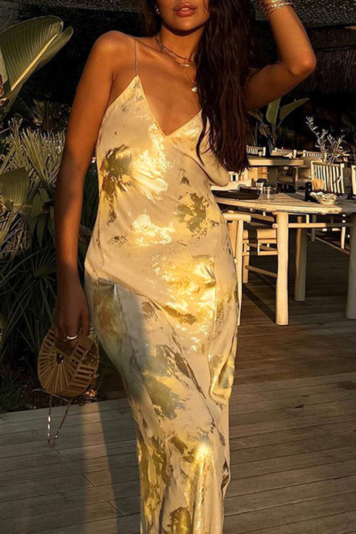 V Neck Backless Hot Stamping Cami Dress Gold · L