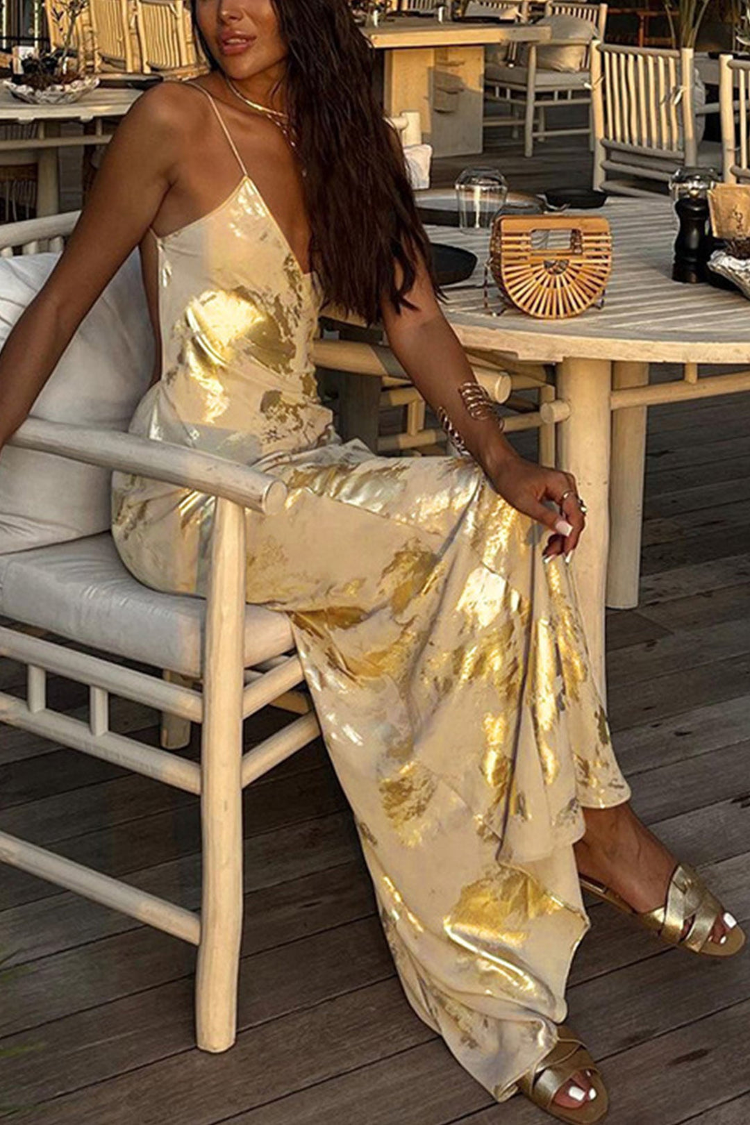 V Neck Backless Hot Stamping Cami Dress Gold · M