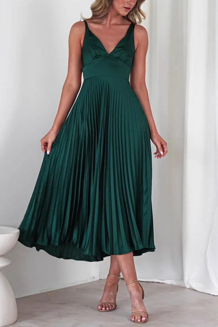 V Neck Backless Pleated Midi Dress Light Purple · XL
