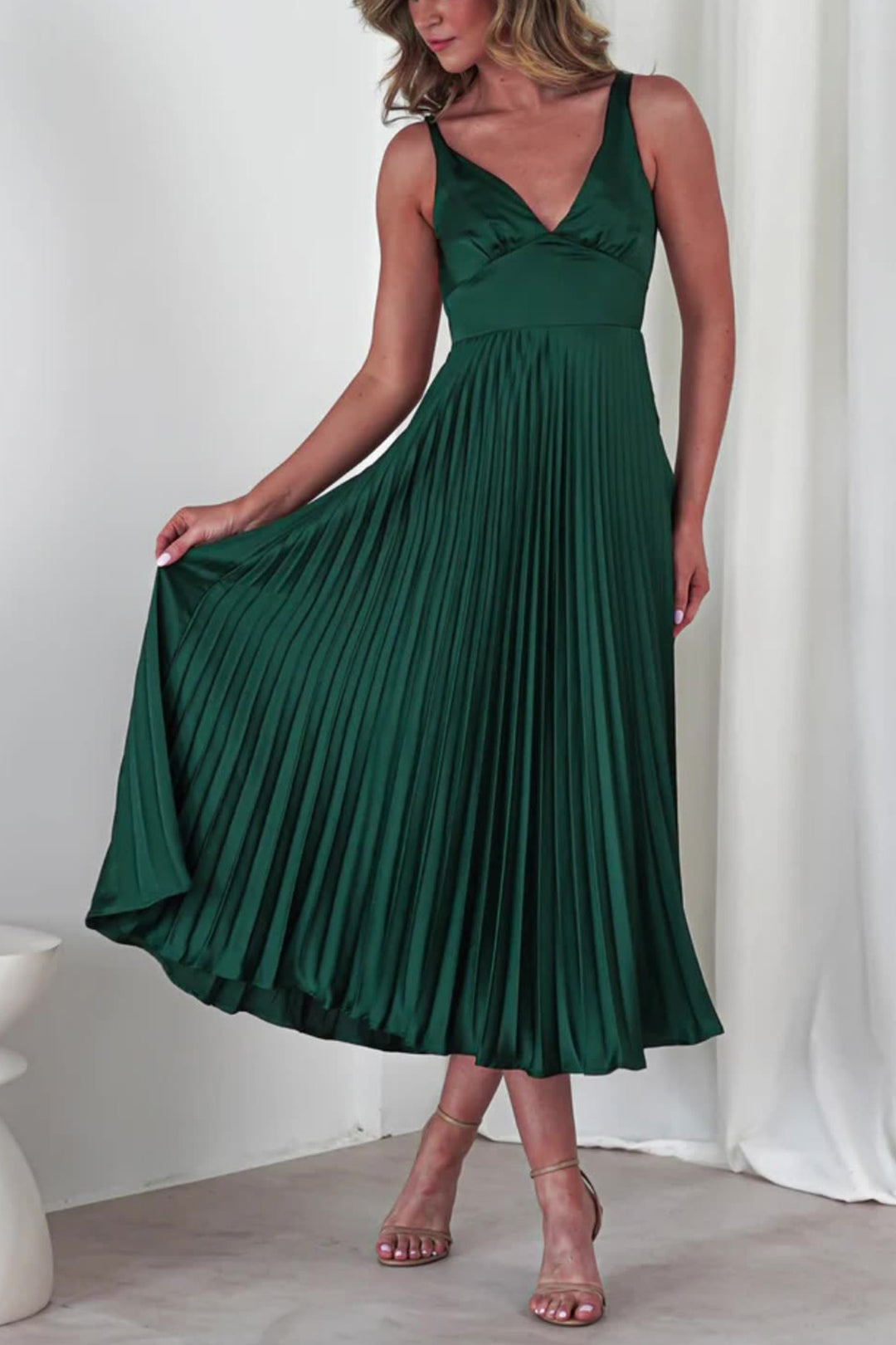 V Neck Backless Pleated Midi Dress Light Purple · L