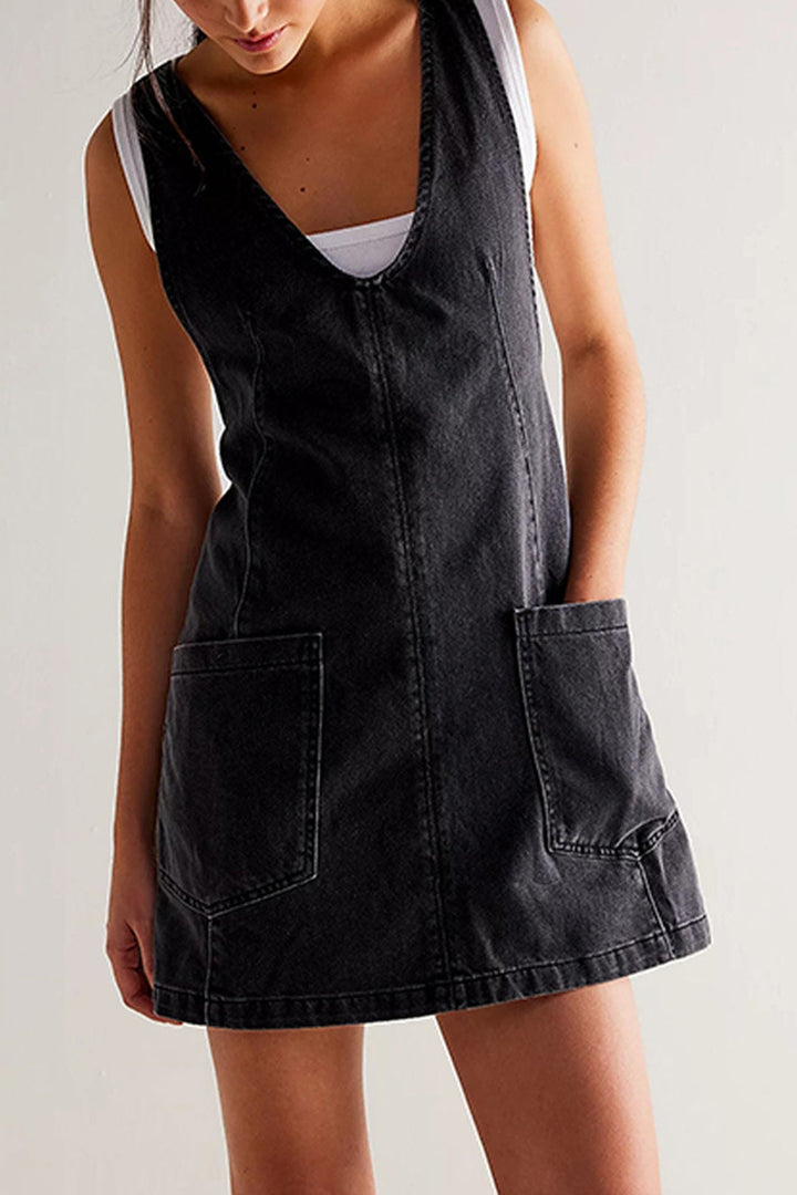V Neck Backless Tank Denim Dress Light Blue · L