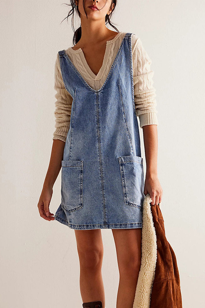 V Neck Backless Tank Denim Dress Dark Blue · XL