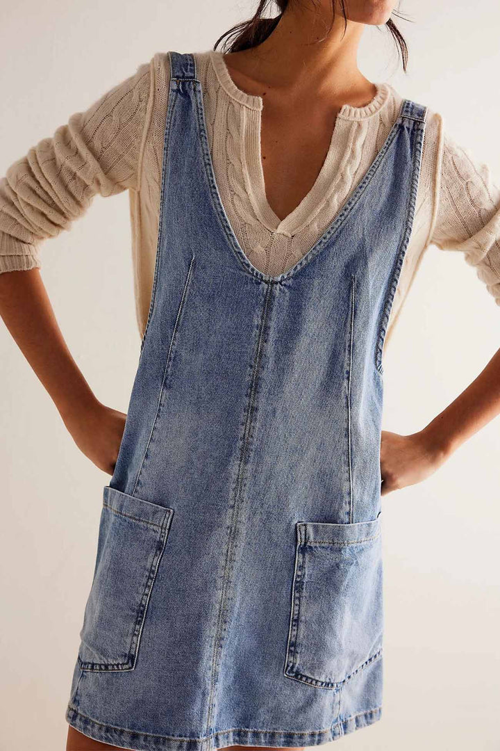 V Neck Backless Tank Denim Dress Light Blue · M