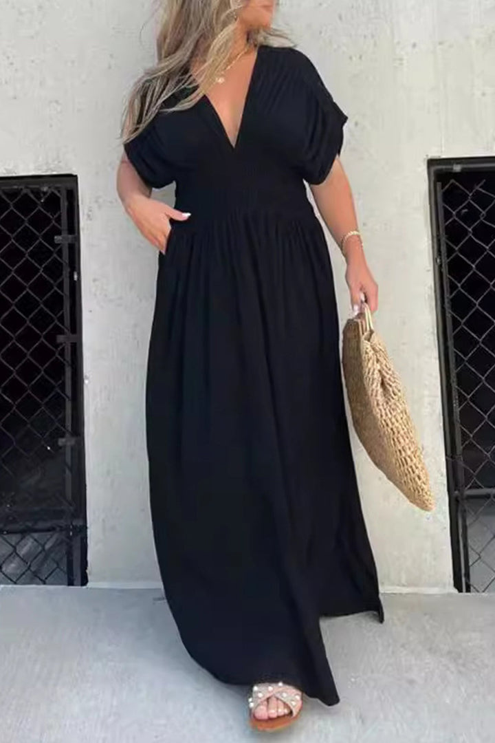 V Neck Bat Sleeve Smocked Waist Slit Dress Khaki · M