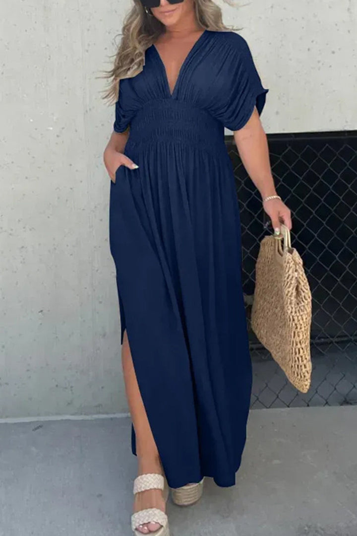 V Neck Bat Sleeve Smocked Waist Slit Dress Khaki · 3XL