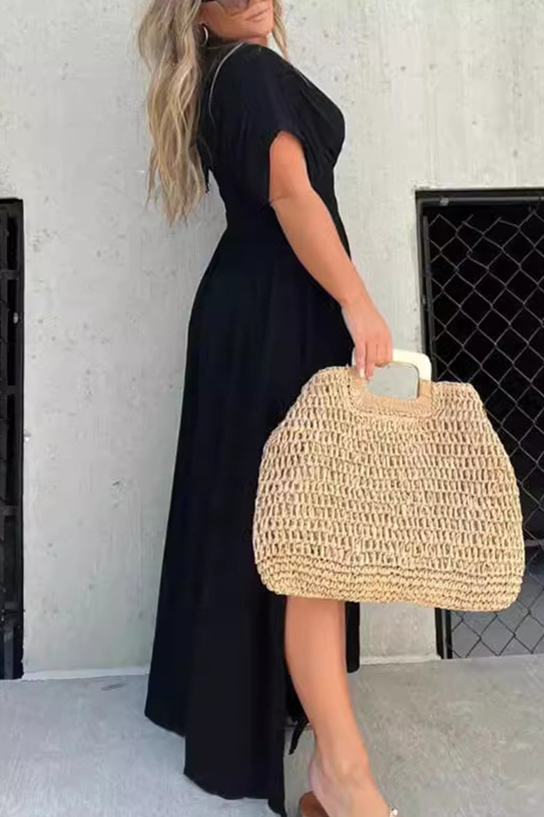 V Neck Bat Sleeve Smocked Waist Slit Dress Khaki · L