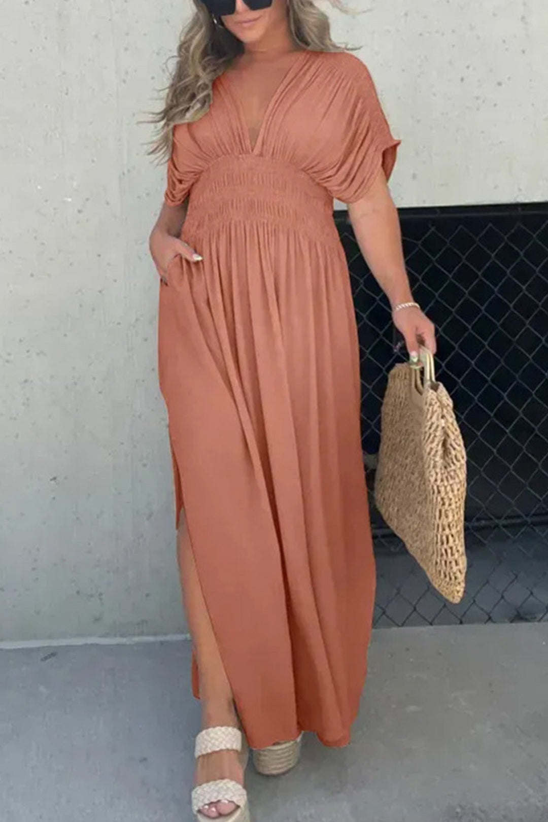 V Neck Bat Sleeve Smocked Waist Slit Dress Black · S