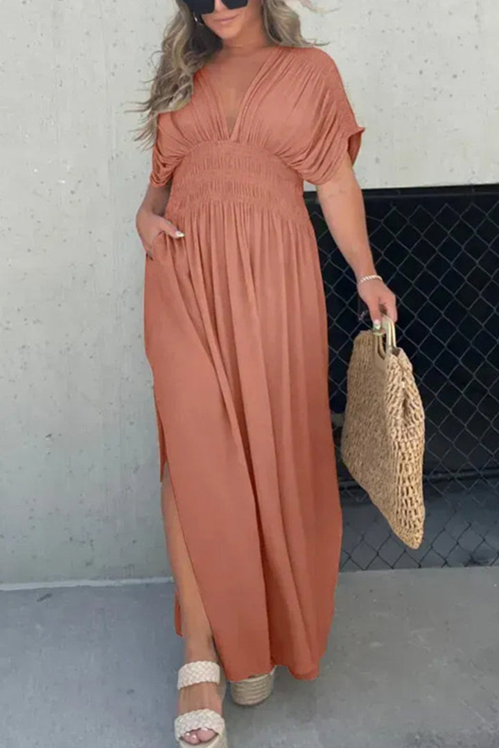 V Neck Bat Sleeve Smocked Waist Slit Dress Black · S