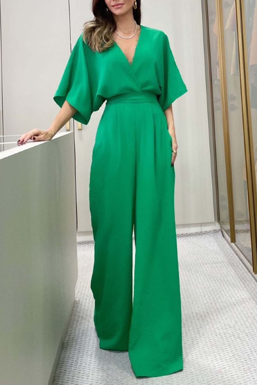V Neck Batwing Sleeve Back Tie Jumpsuits Green · S