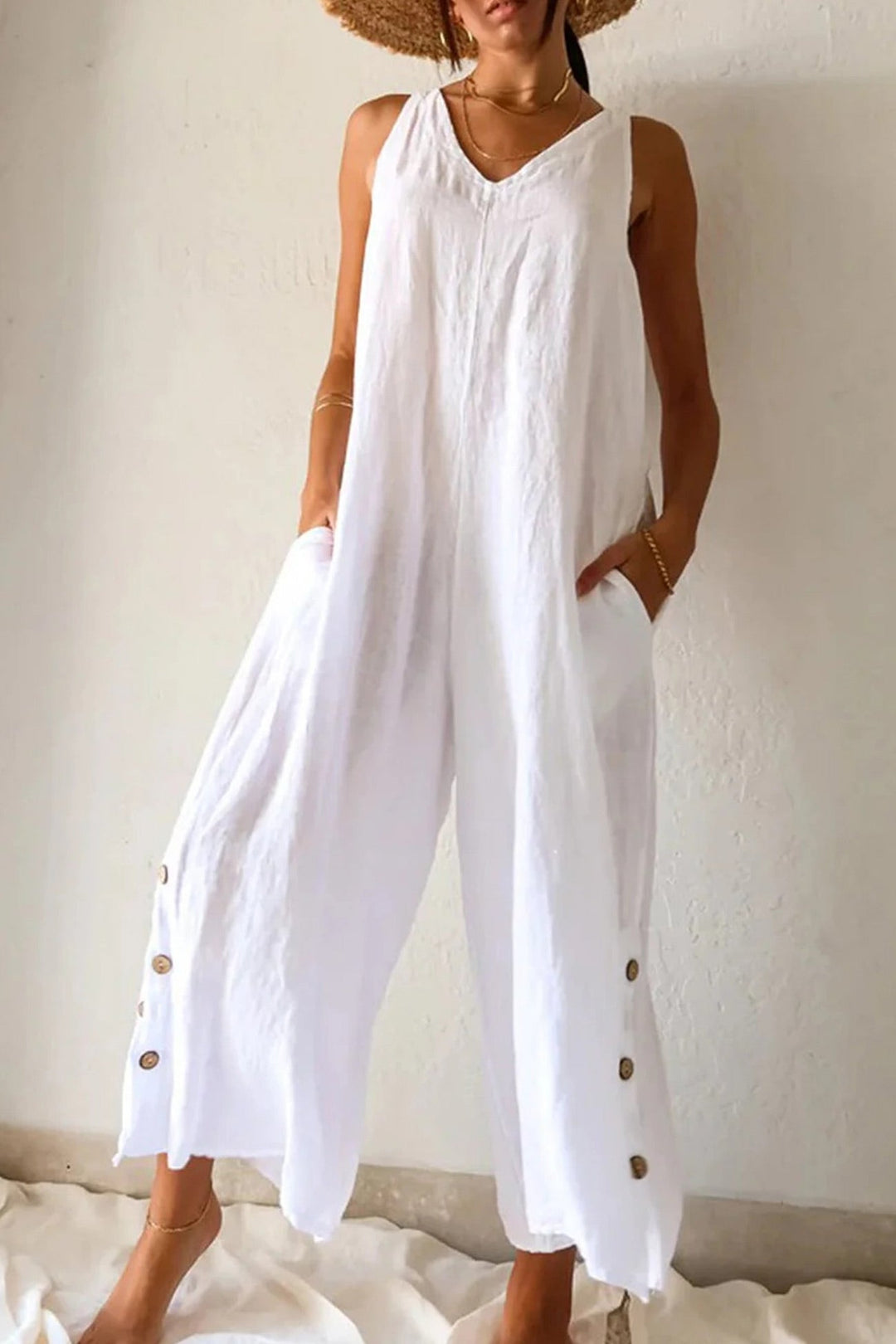 V Neck Button Hem Wide Leg Jumpsuits White · M