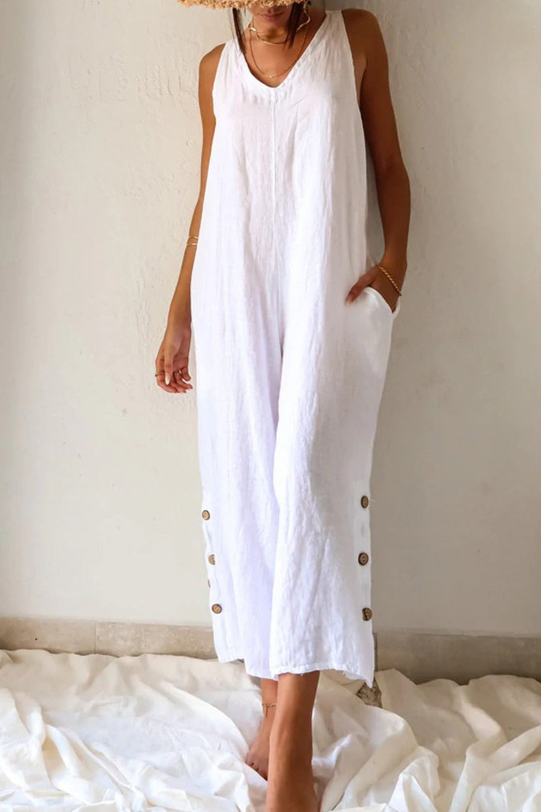 V Neck Button Hem Wide Leg Jumpsuits White · S