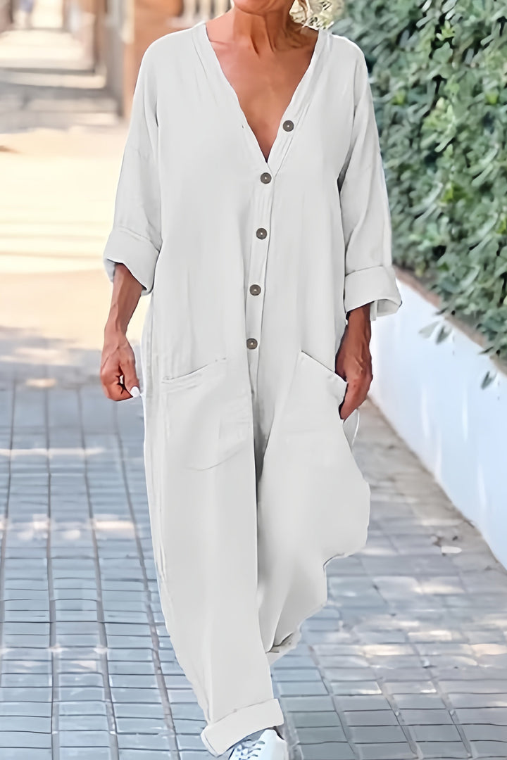 V Neck Button-up Cotton Linen Baggy Jumpsuits Blue · M