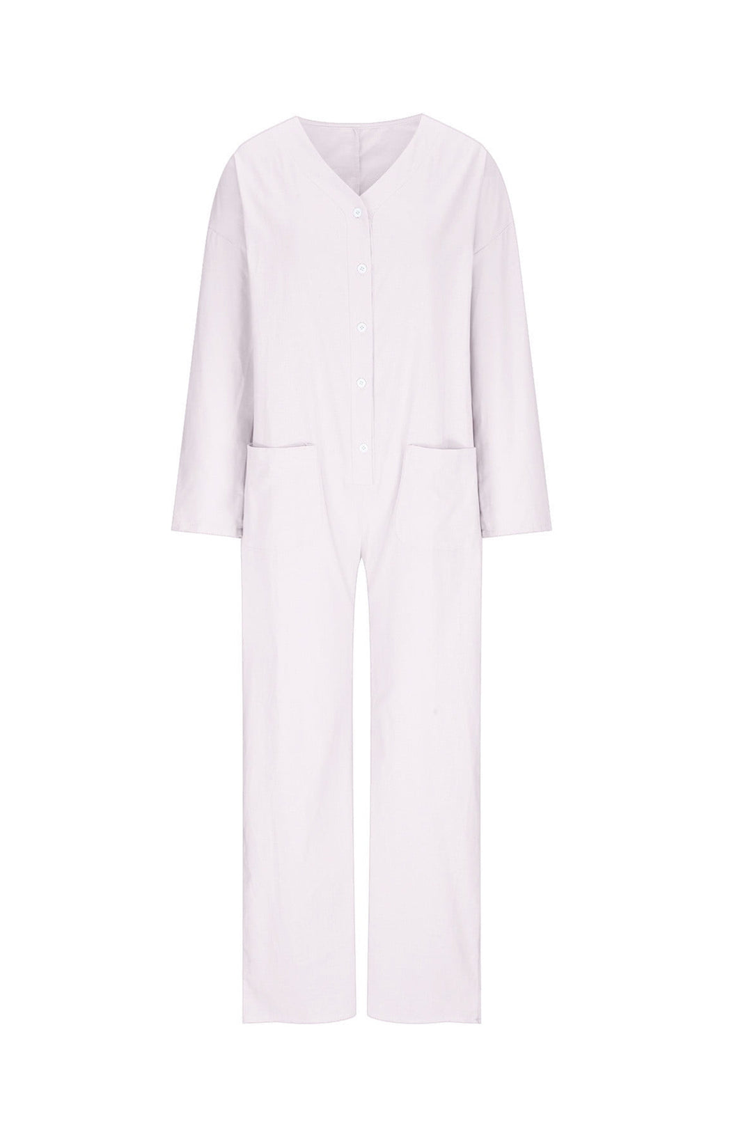 V Neck Button-up Cotton Linen Baggy Jumpsuits Blue · L