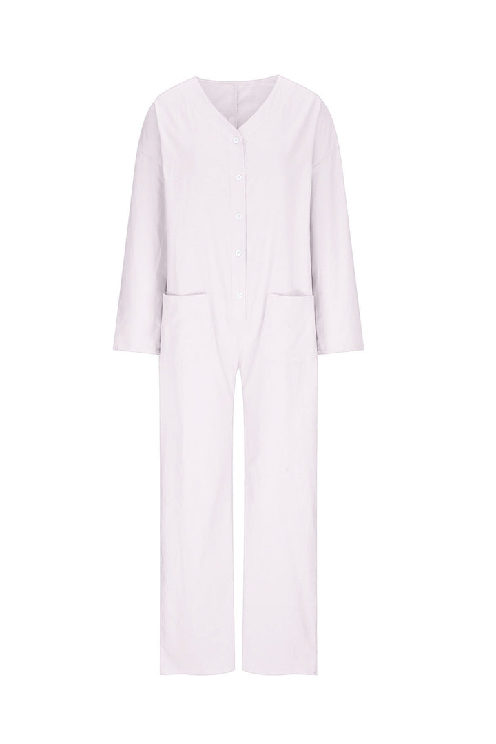 V Neck Button-up Cotton Linen Baggy Jumpsuits Blue · L
