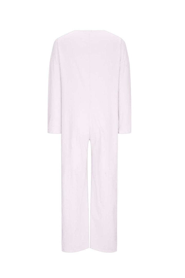 V Neck Button-up Cotton Linen Baggy Jumpsuits Blue · XL