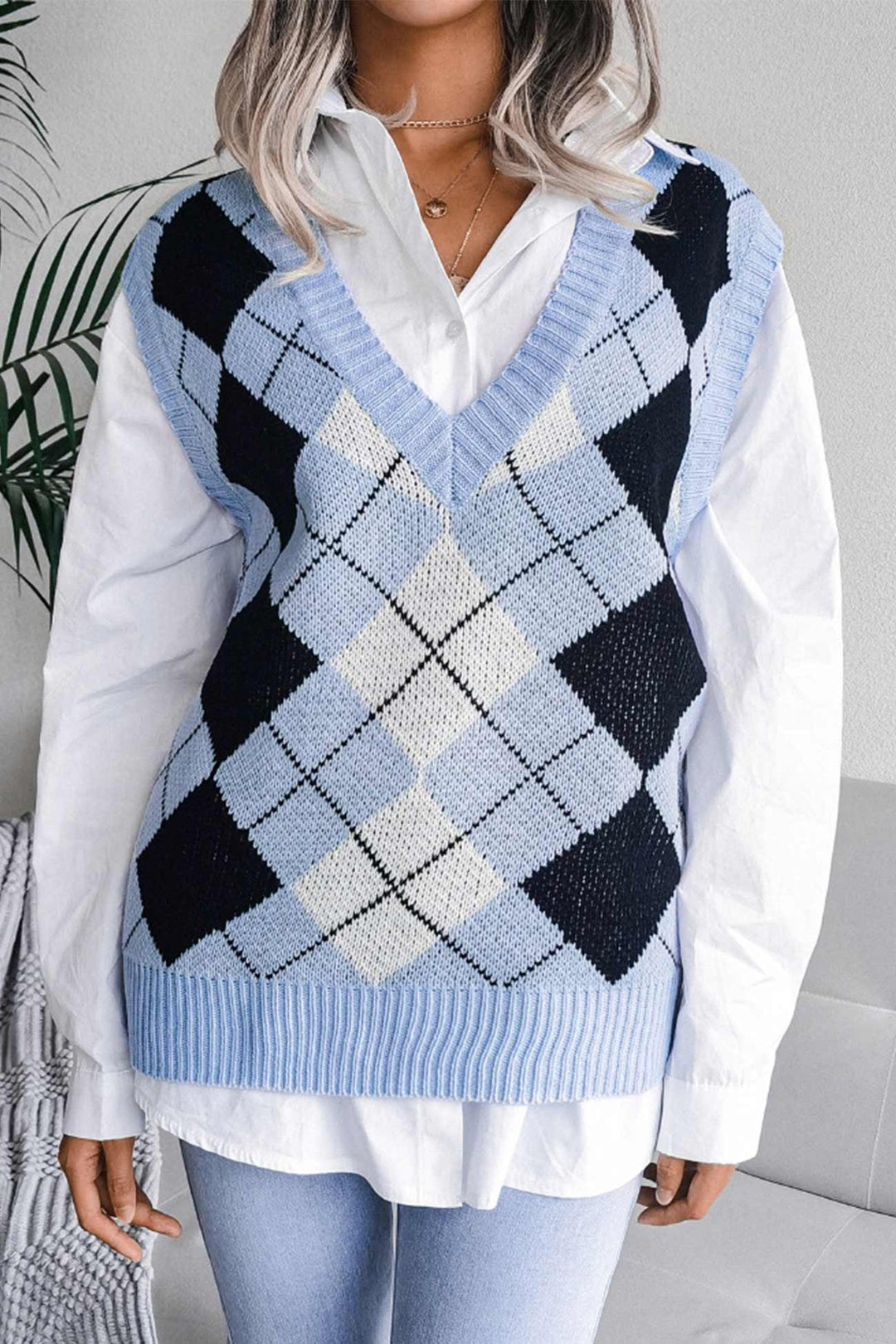 V Neck Checked Knit Tank Sweater Blue · S