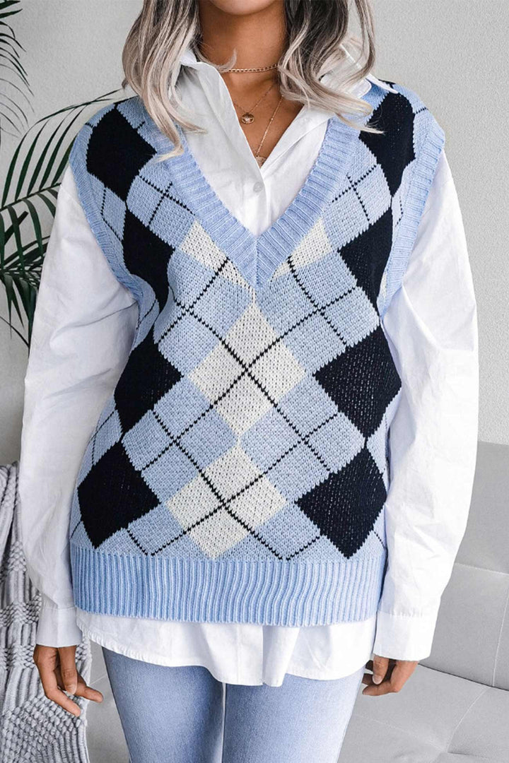 V Neck Checked Knit Tank Sweater Blue · S