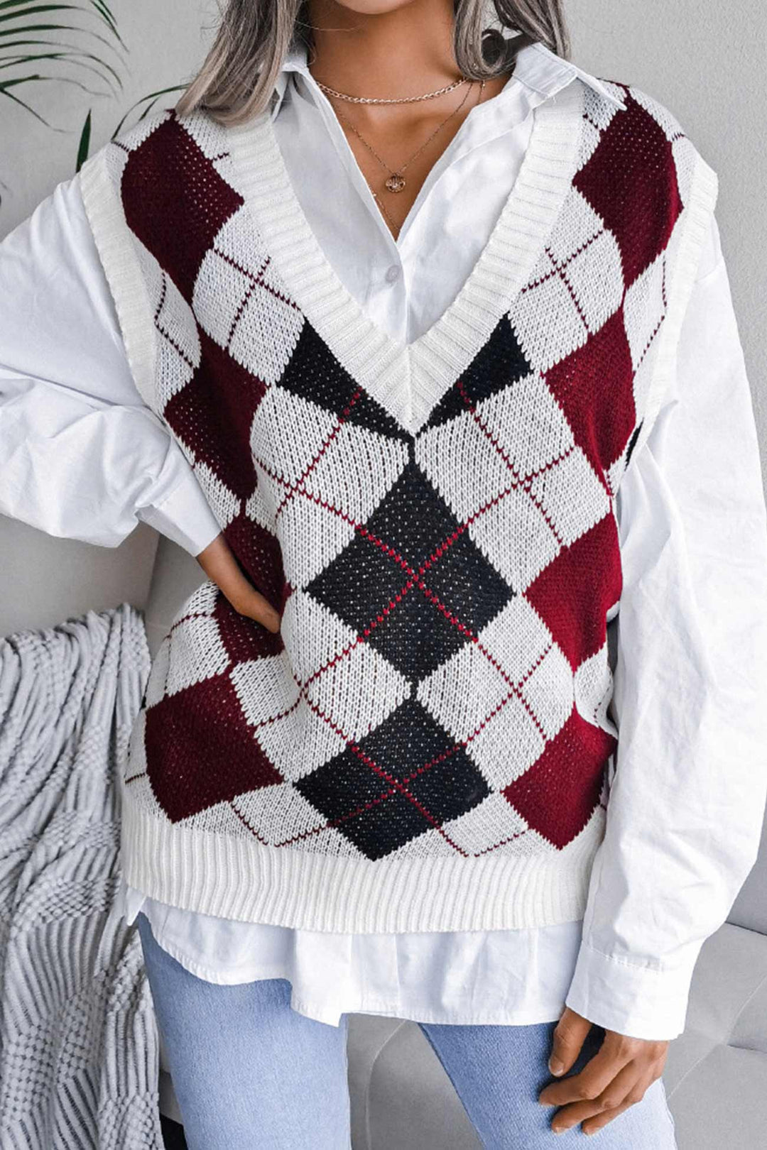 V Neck Checked Knit Tank Sweater Red · S