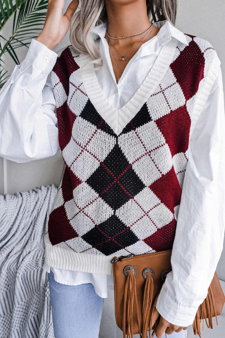 V Neck Checked Knit Tank Sweater Red · M