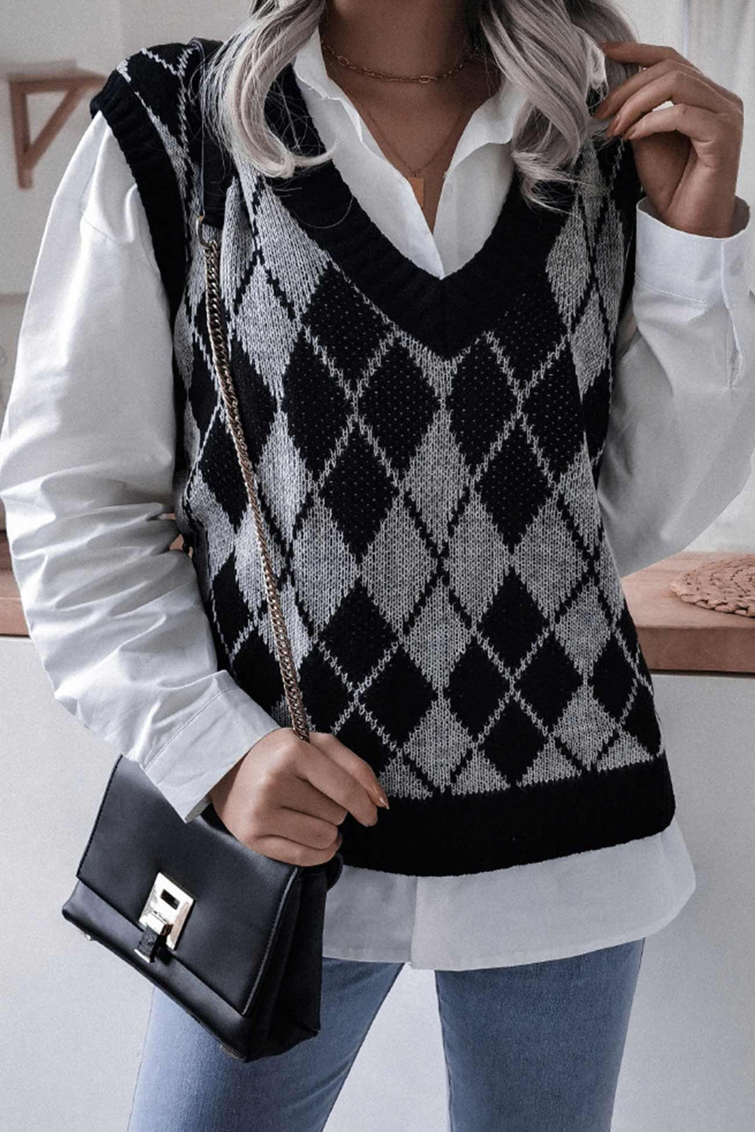 V Neck Checked Knit Tank Sweater Grey · S