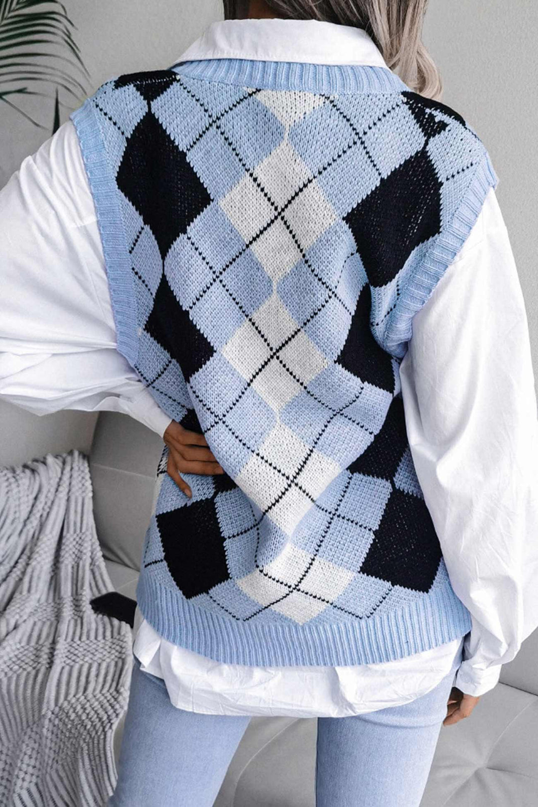 V Neck Checked Knit Tank Sweater Blue · M