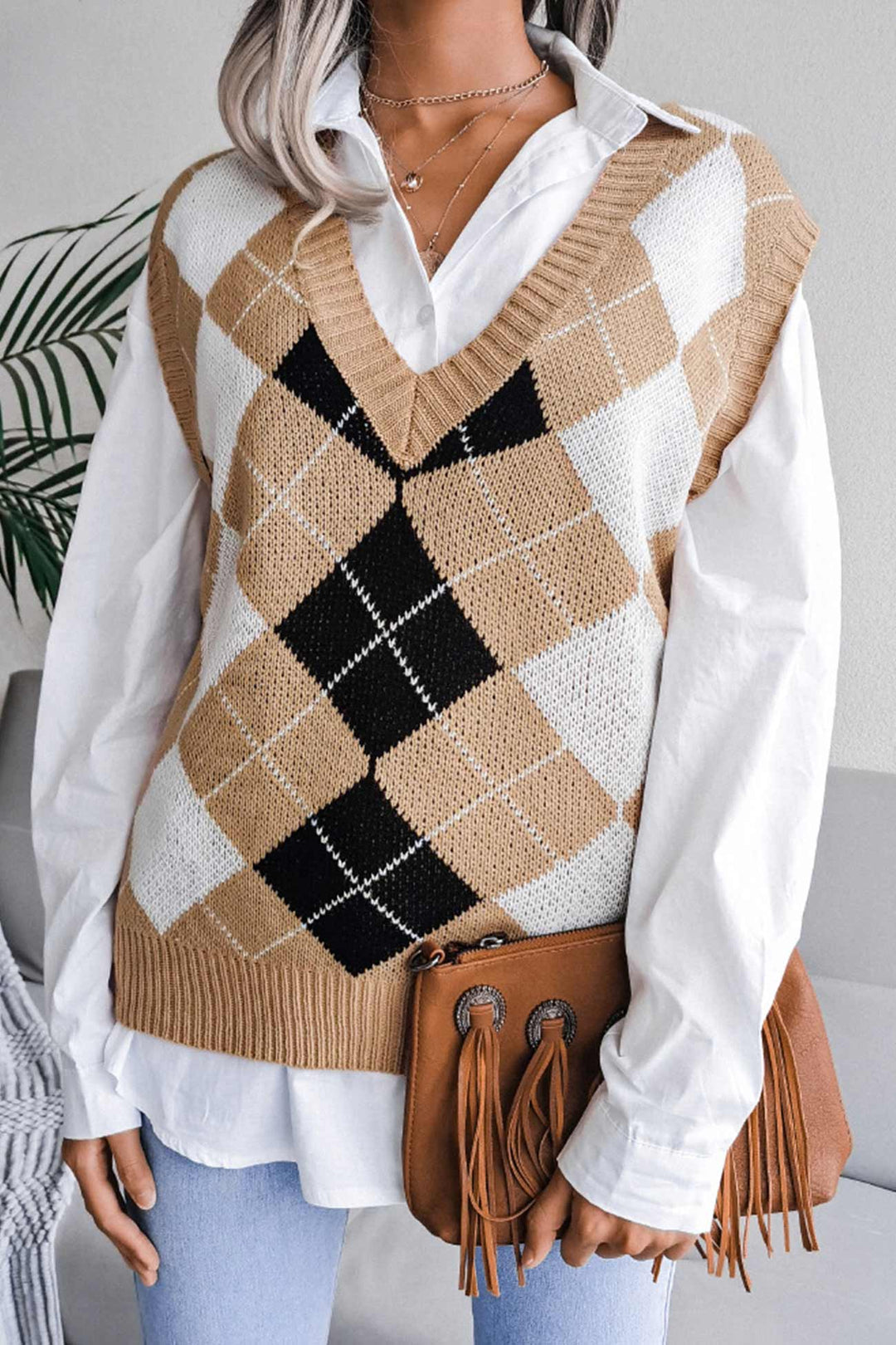 V Neck Checked Knit Tank Sweater Khaki · S