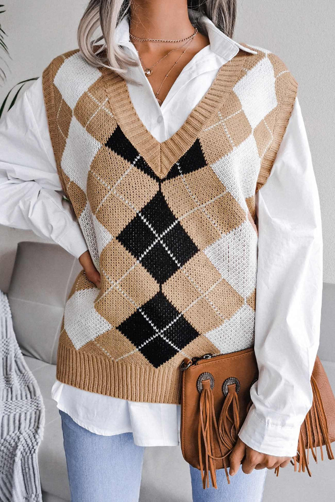 V Neck Checked Knit Tank Sweater Pink · L