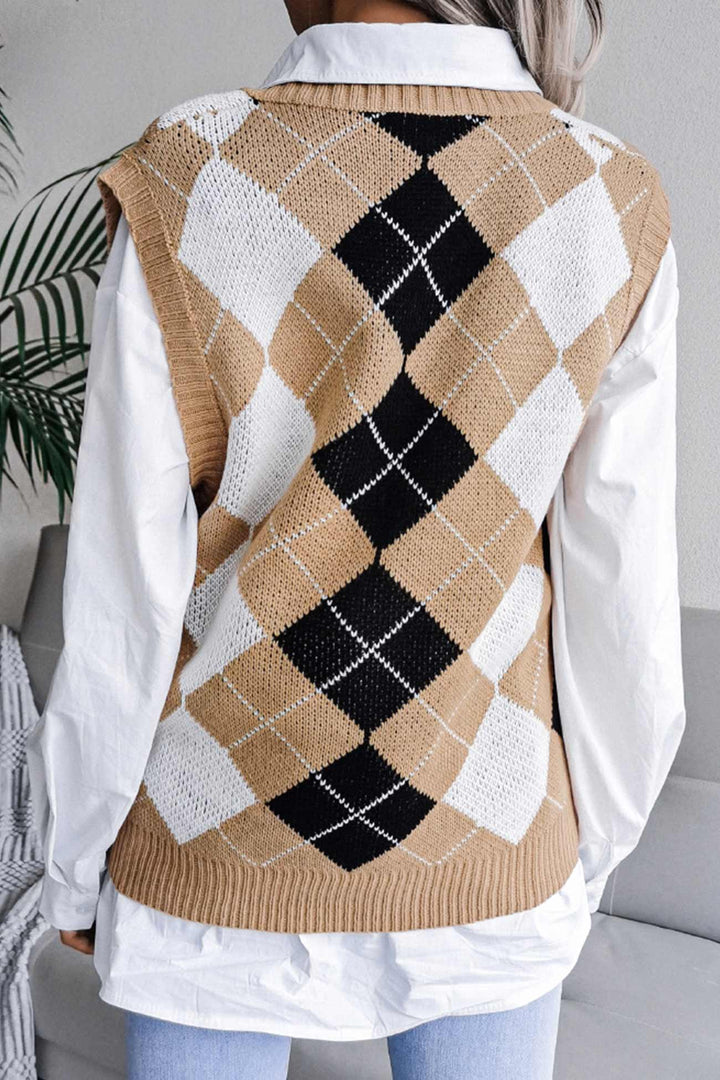 V Neck Checked Knit Tank Sweater Khaki · M