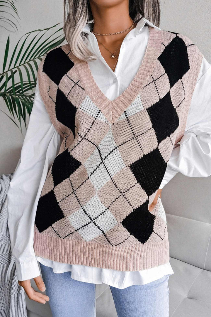 V Neck Checked Knit Tank Sweater Pink · S