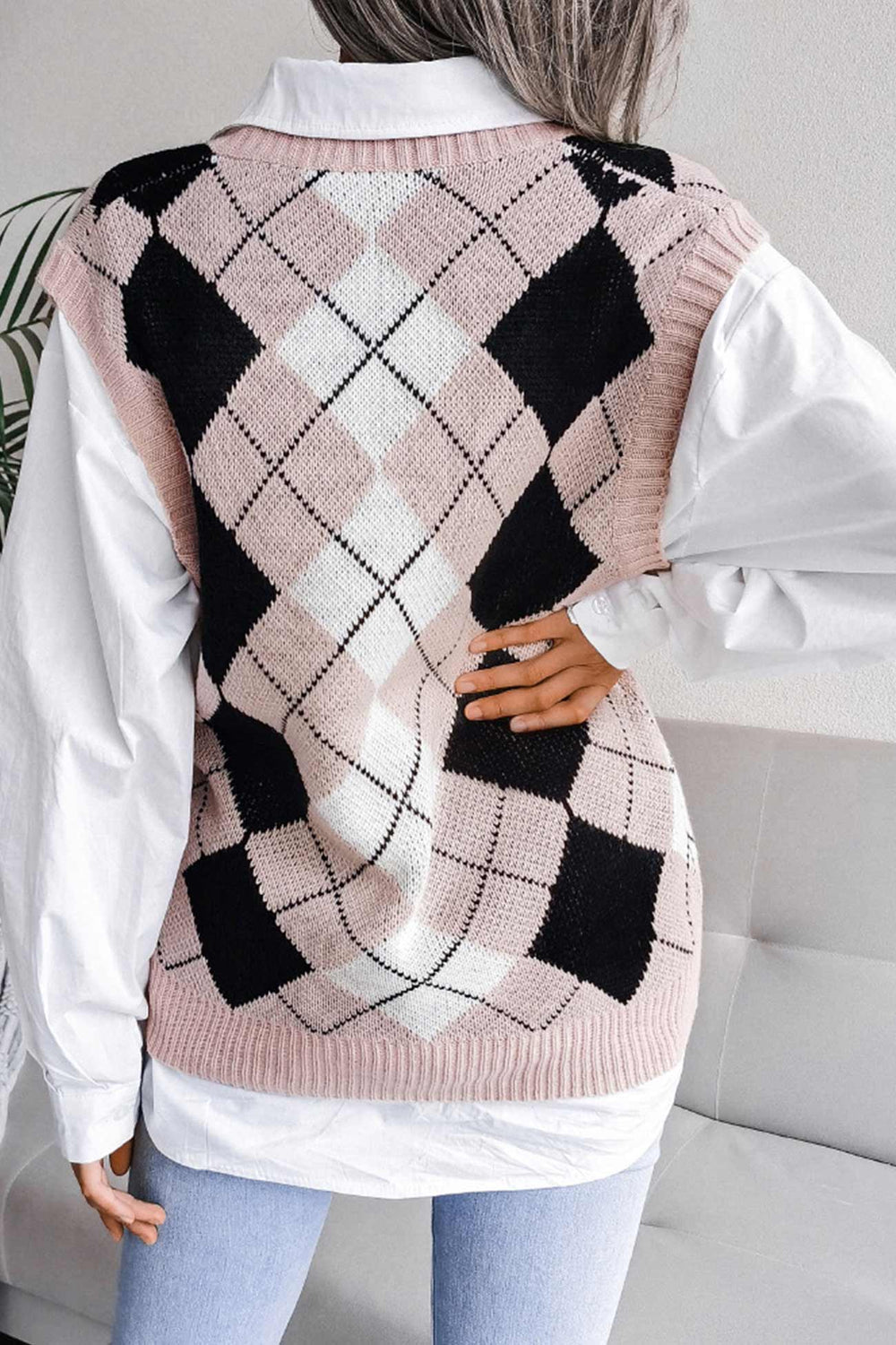 V Neck Checked Knit Tank Sweater Pink · M