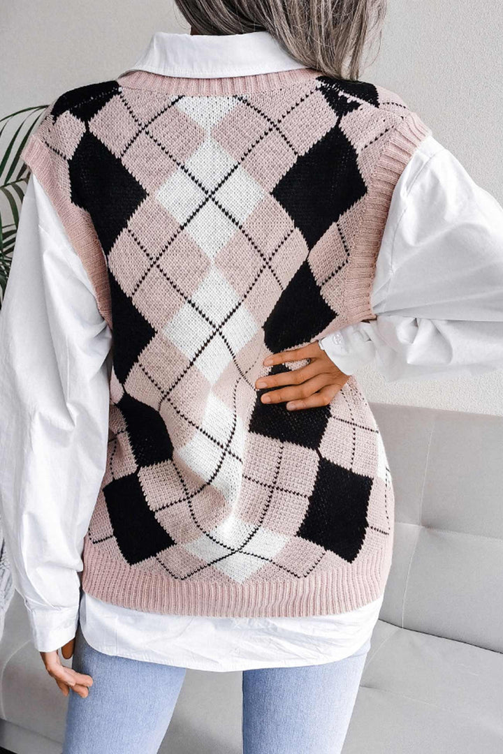 V Neck Checked Knit Tank Sweater Pink · M