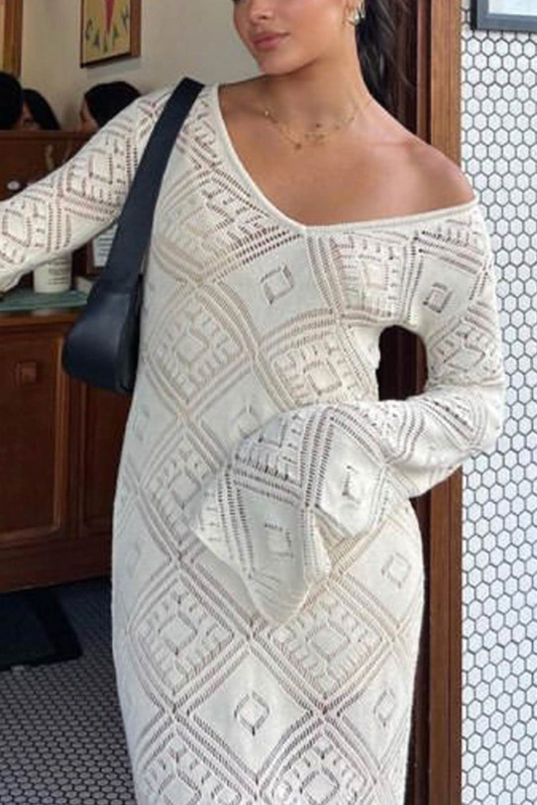 V Neck Crochet Checkered Hollow Out Midi Dress Pink · XL