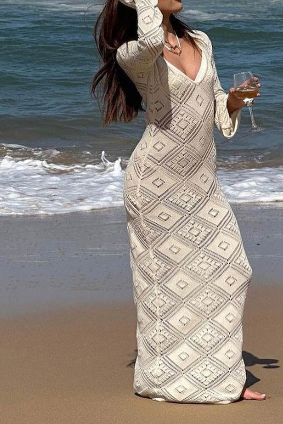 V Neck Crochet Checkered Hollow Out Midi Dress Beige · M
