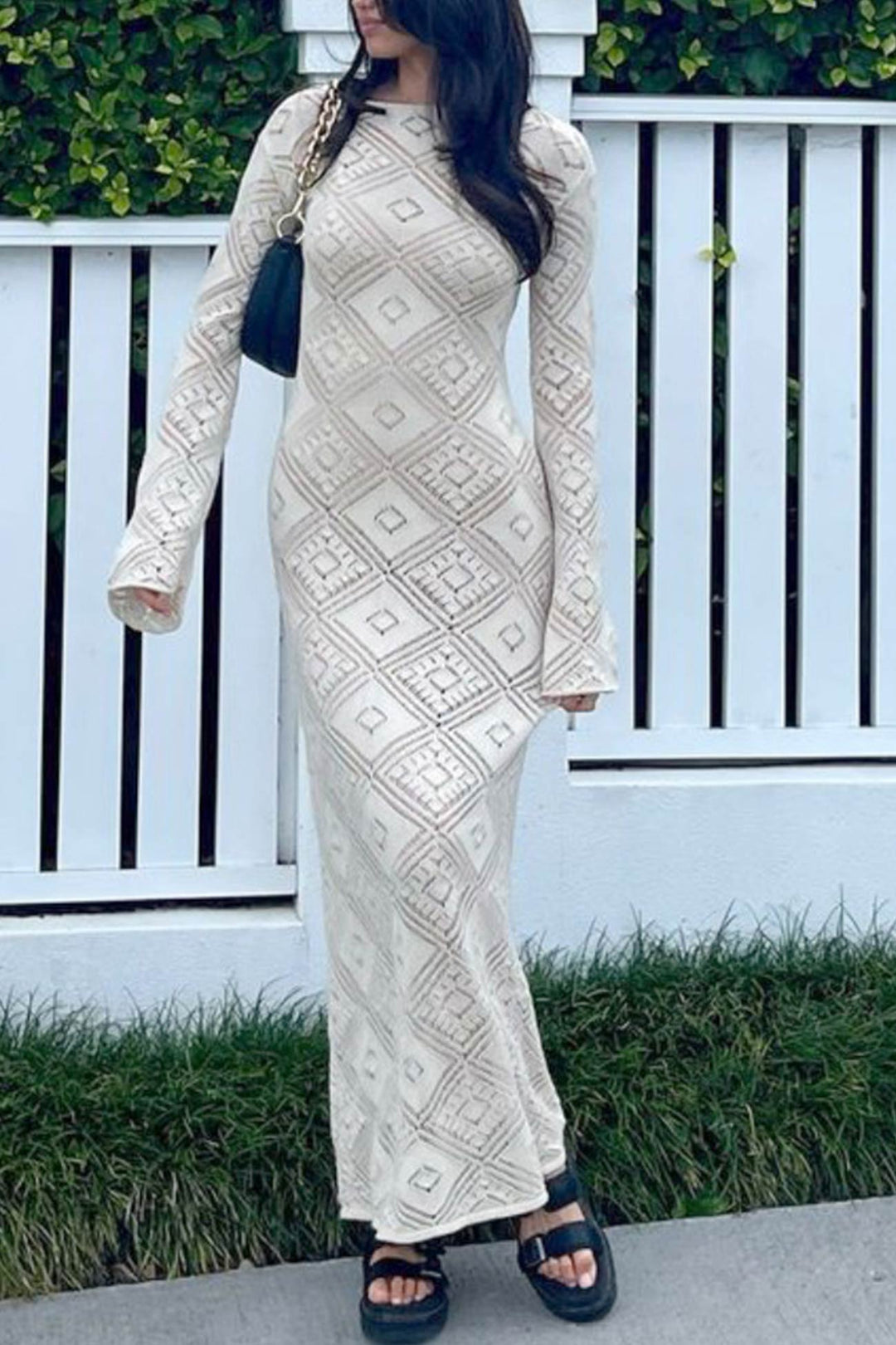 V Neck Crochet Checkered Hollow Out Midi Dress Pink · L