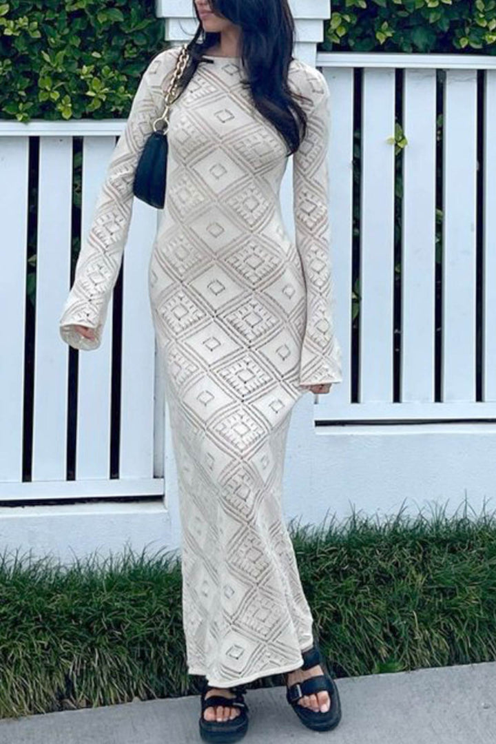 V Neck Crochet Checkered Hollow Out Midi Dress Pink · L