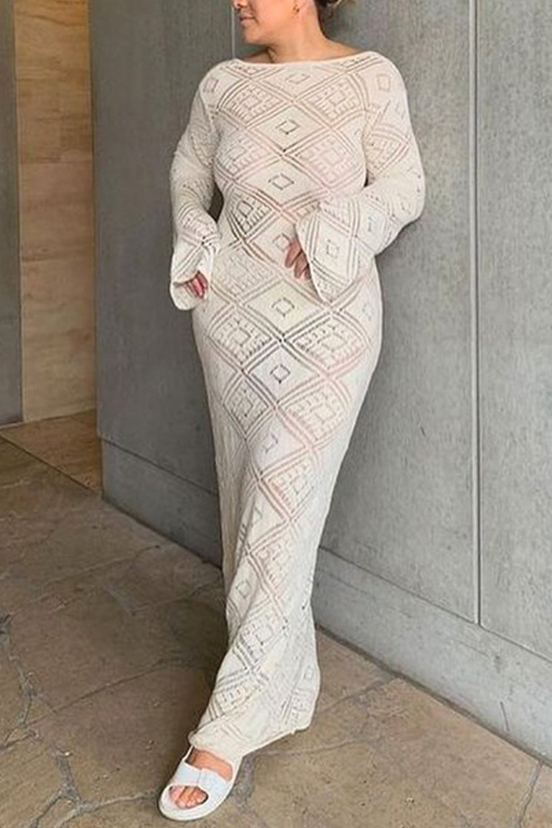 V Neck Crochet Checkered Hollow Out Midi Dress Blue · S