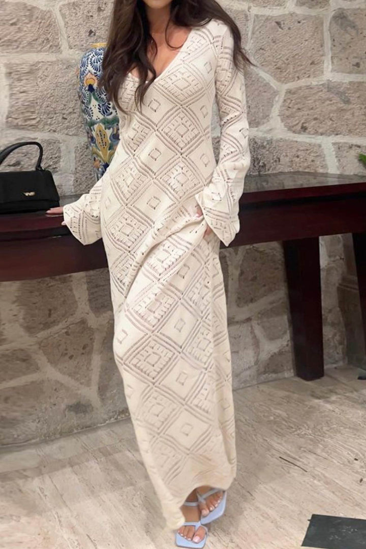 V Neck Crochet Checkered Hollow Out Midi Dress Beige · L