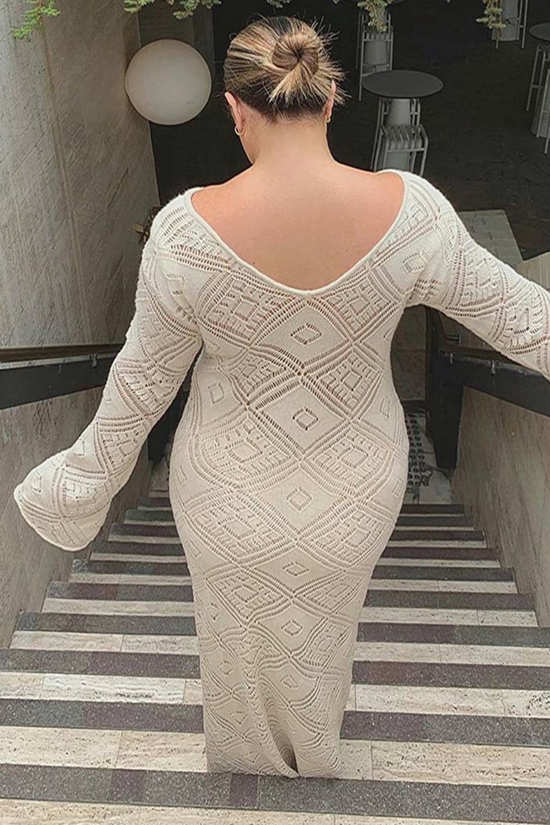 V Neck Crochet Checkered Hollow Out Midi Dress Blue · M