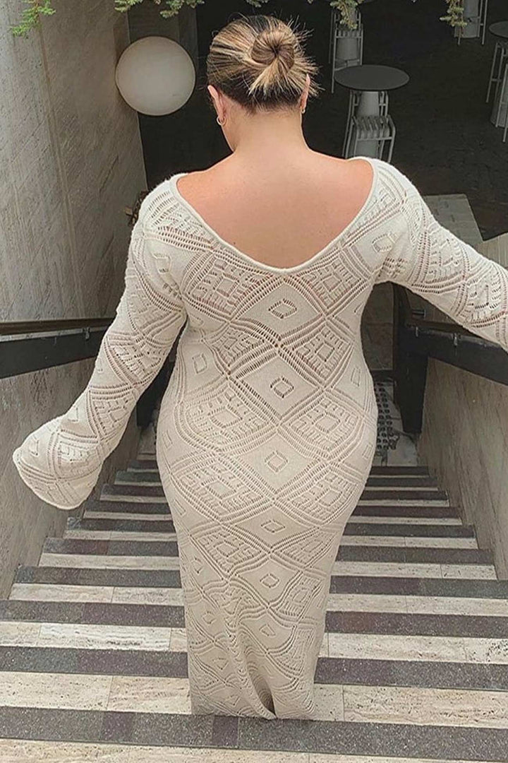 V Neck Crochet Checkered Hollow Out Midi Dress Blue · M